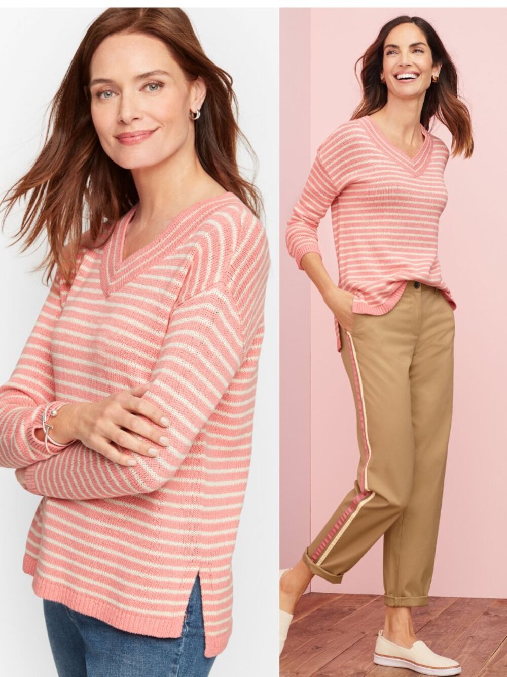 TALBOTS Linen Blend V-neck Pink Stripe Sweater Size S